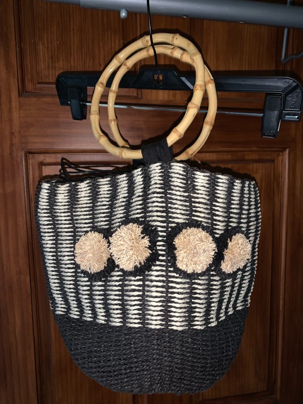 World Market handbag with Pom-Poms and Bamboo Handles